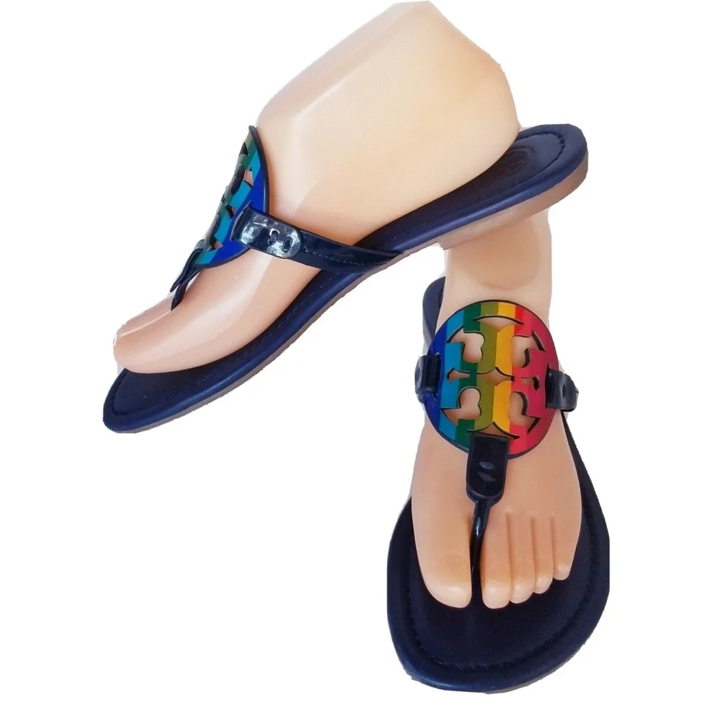 TORY BURCH Rainbow Leather BIG Medalion Slides/Thongs/Flat Sandals Sz 8.5M